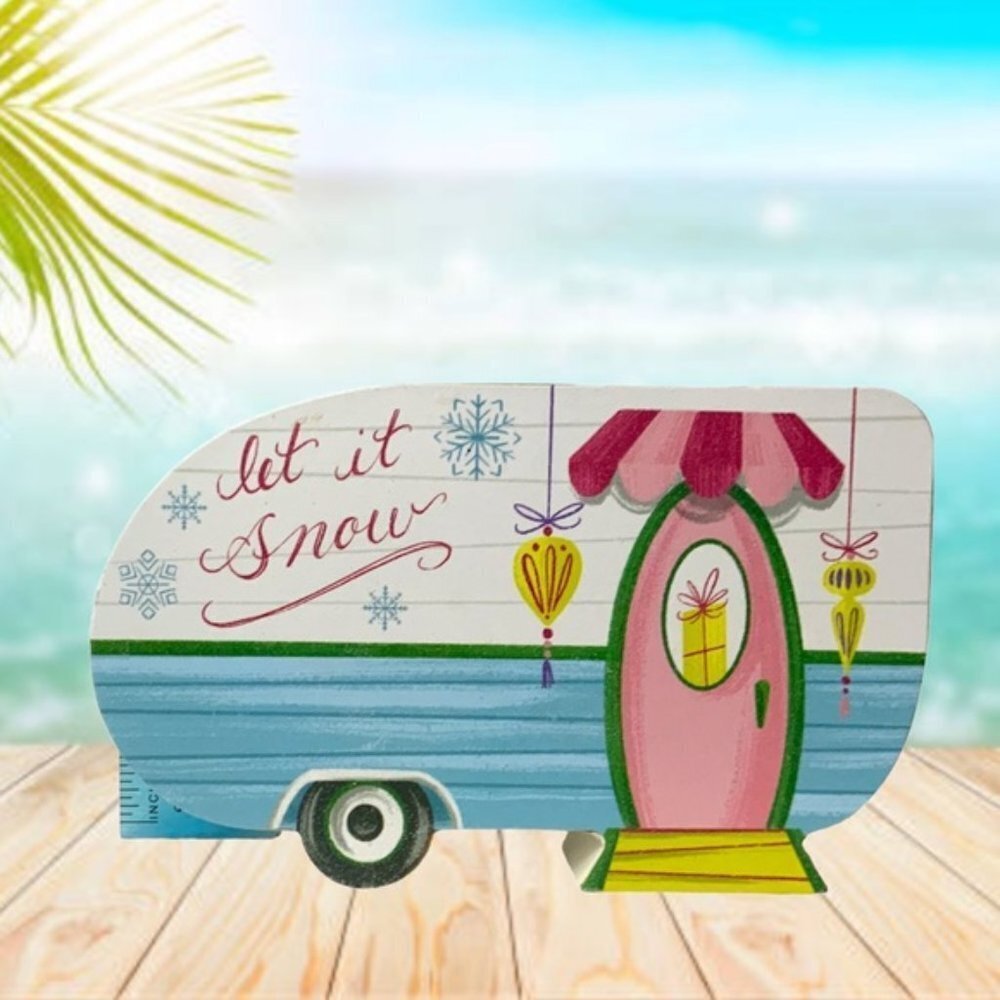 Christmas Camper Table Decor Wood Block Decoration Let it Snow Tropical